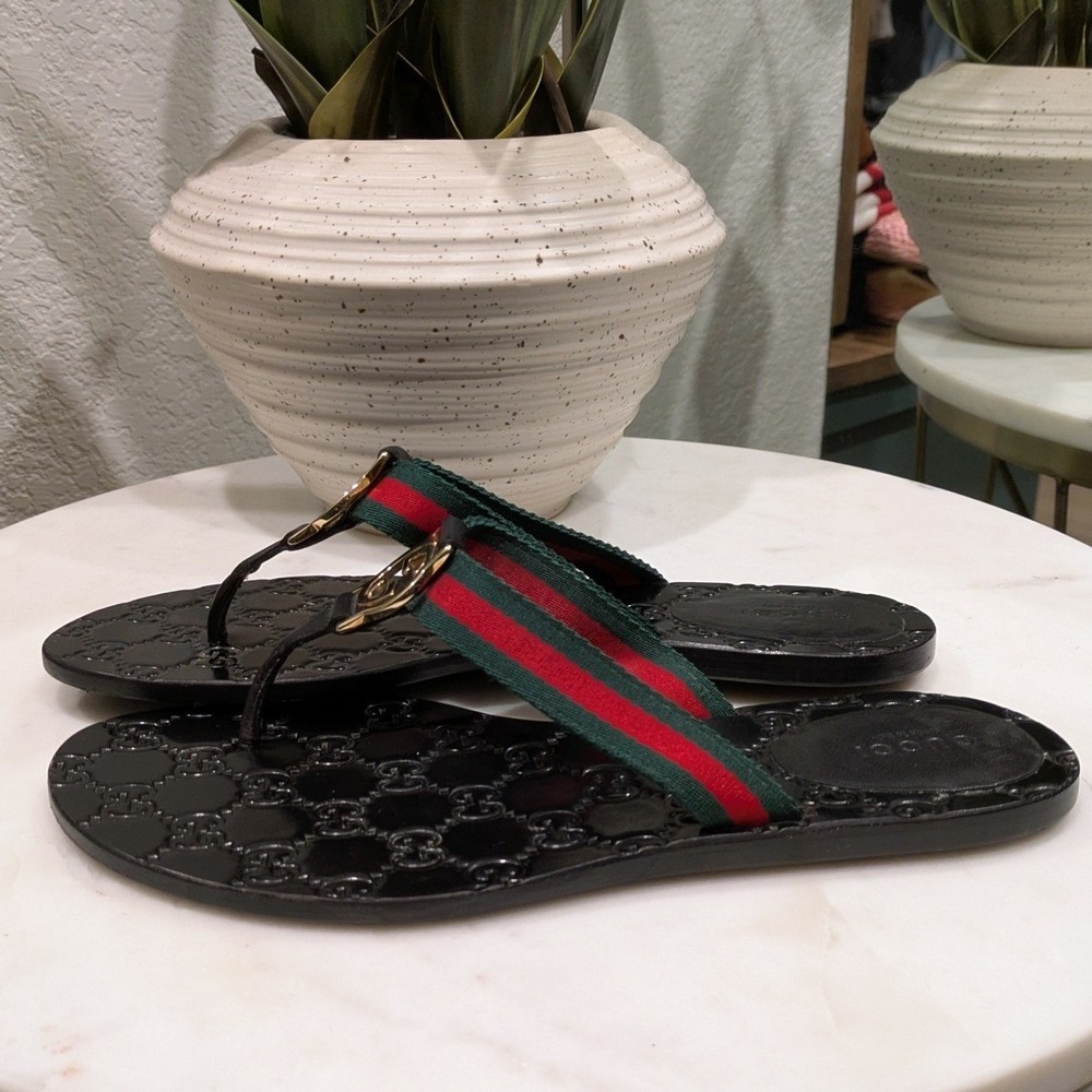 Gucci Flip Flop Thong Sandals Women 37.5 Black Green Red GG Monogram - Picture 4 of 14